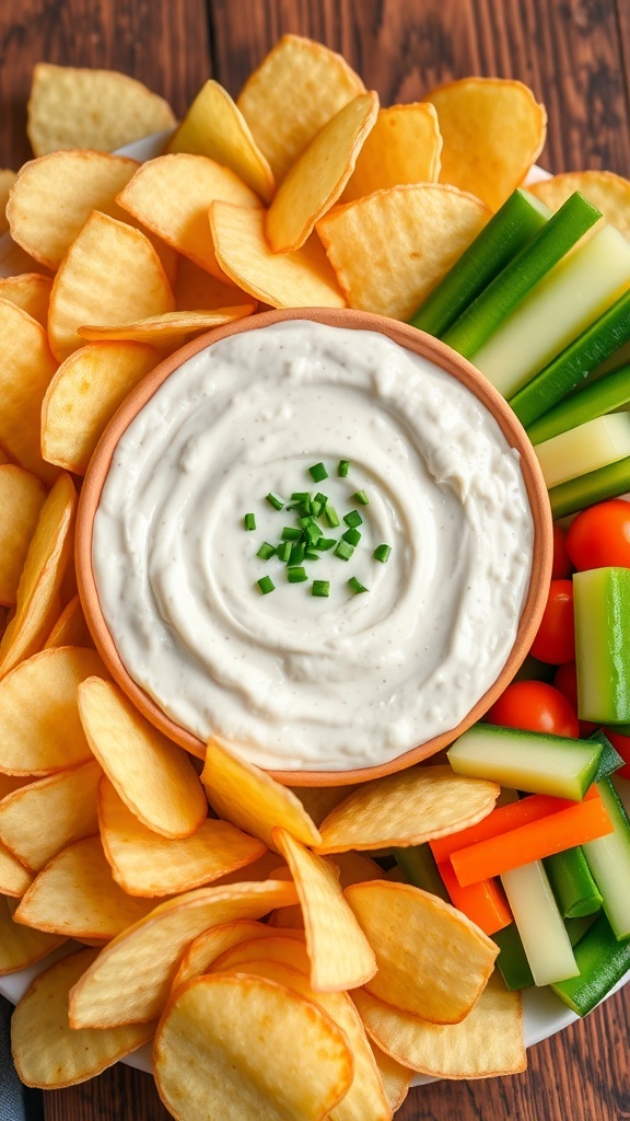 A bowl of creamy French onion dip with potato chips and vegetable sticks on a rustic table.